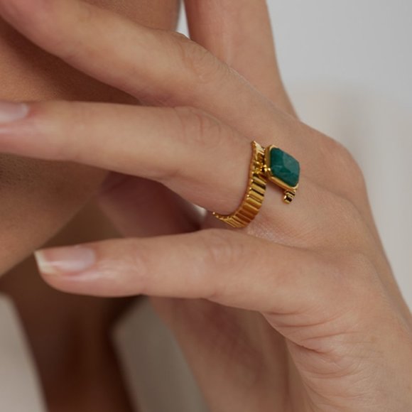 Stainless Steel Blue Apatite Ring Statement Metal Gold Opening Ring - Picture 9 of 11